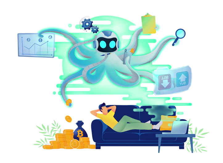 a man relaxing in his couch while octobot is making money by automating cryptocurrency strategies dark